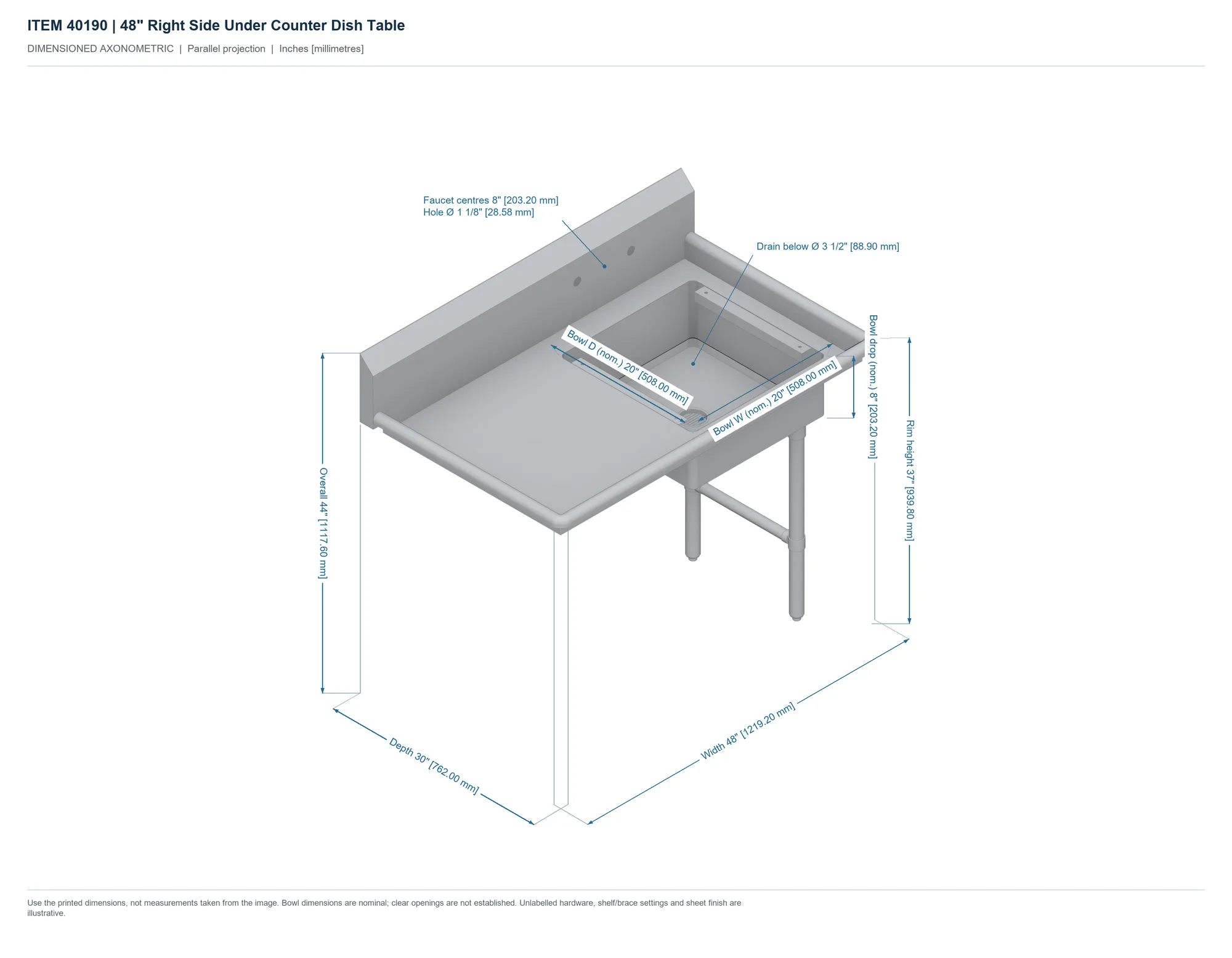 48″ Right Side Under Counter Dish Table
