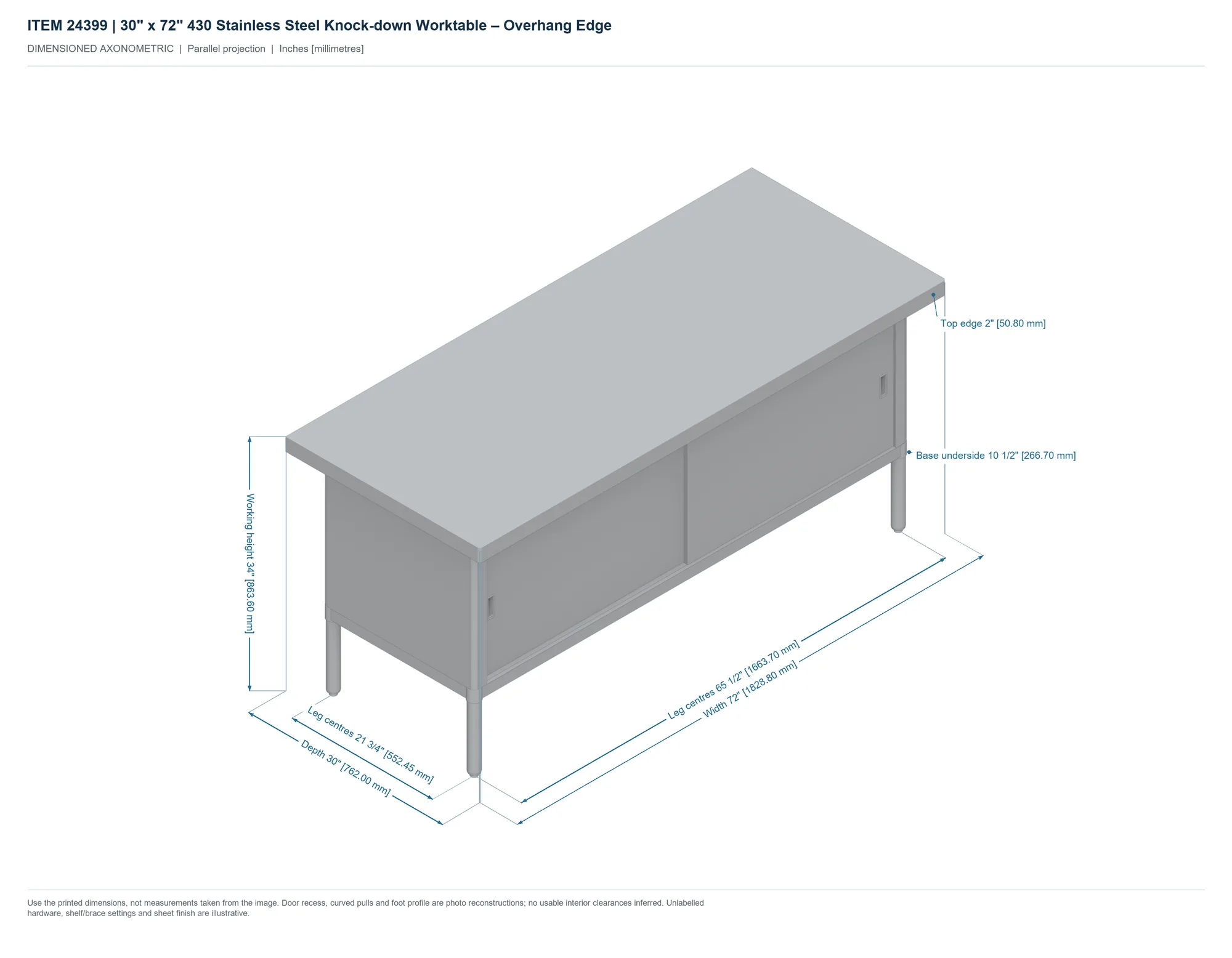 30″ x 72″ 430 Stainless Steel Knock-down Worktable – Overhang Edge