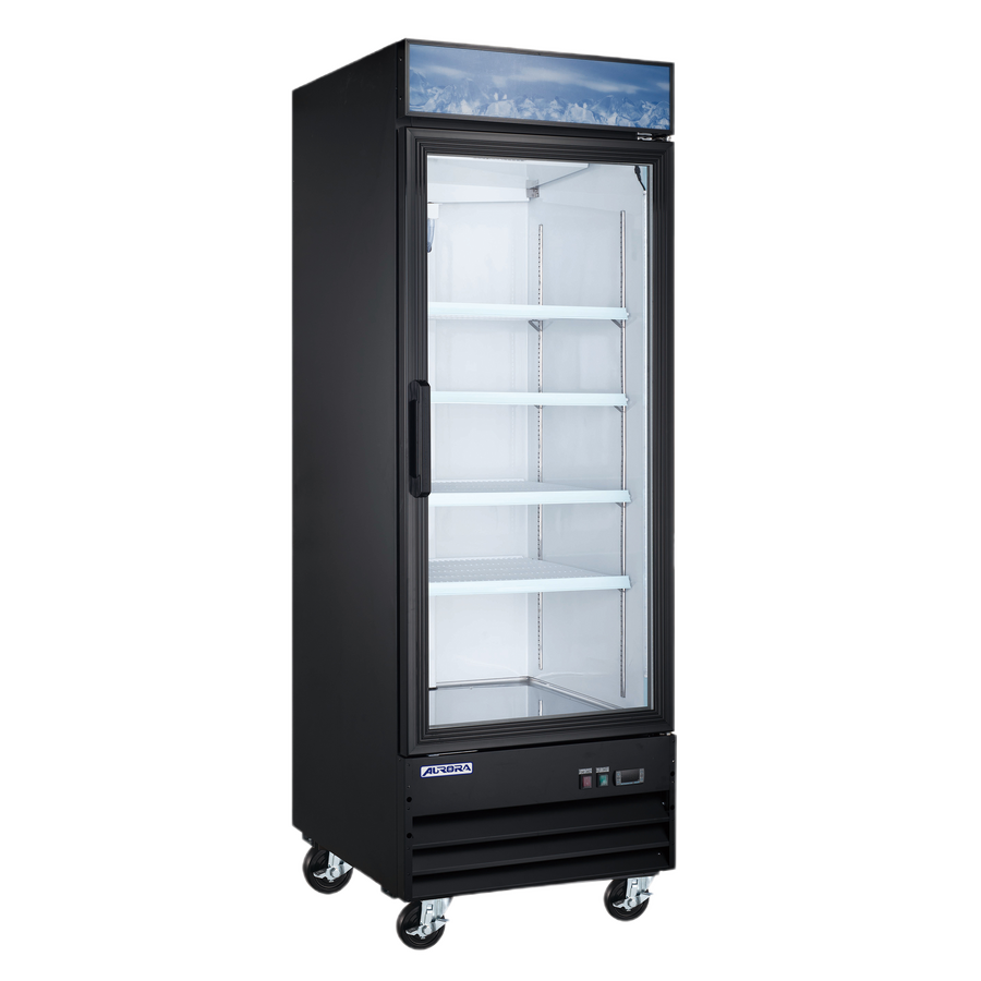 Aurora 29″ Black Display Refrigerator with Lightbox, 1 Glass Door, 22.6 cu.ft. (640 Liter) Capacity  – 120V, 384W