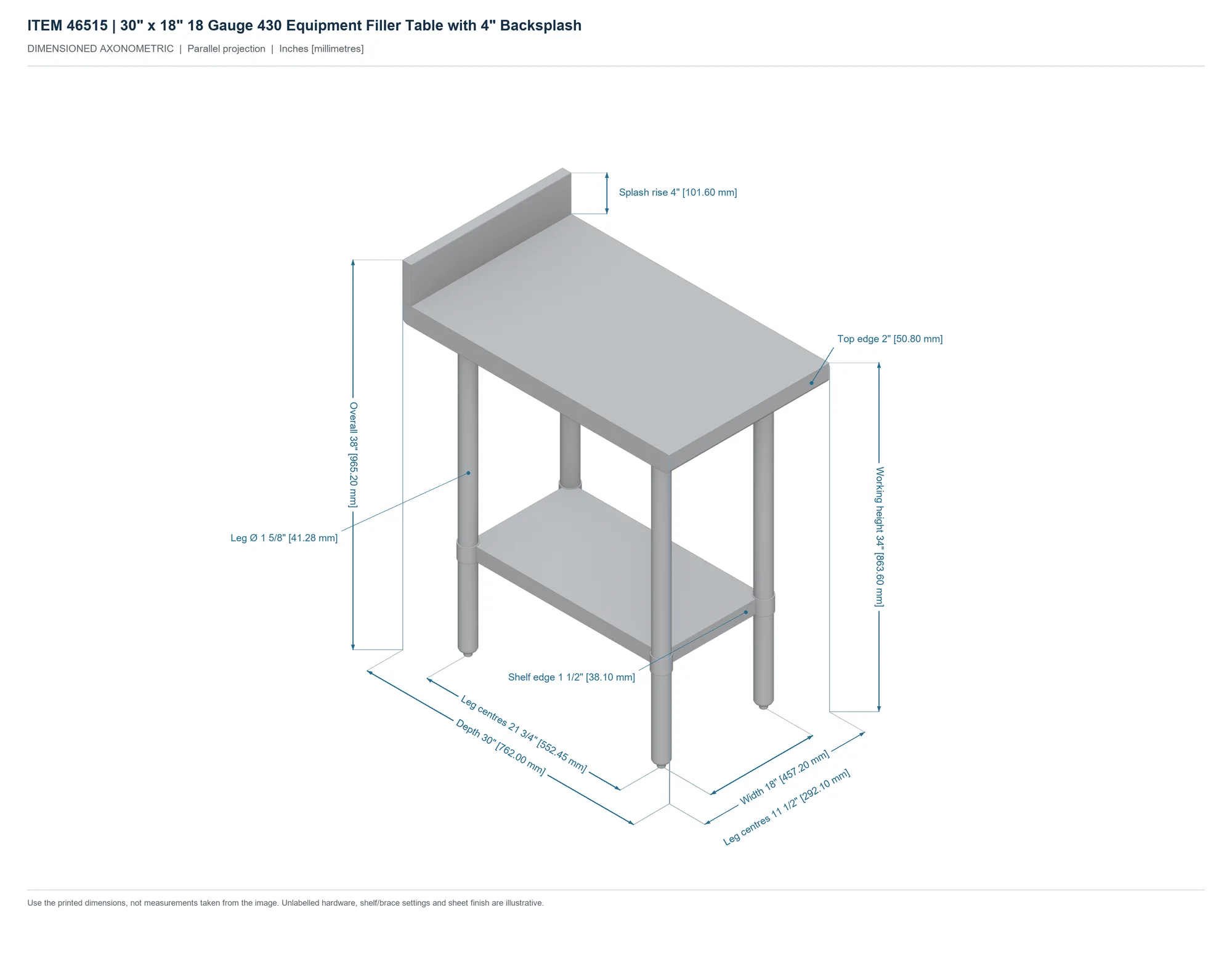30″ x 18″ 18 Gauge 430 Equipment Filler Table with 4″ Backsplash