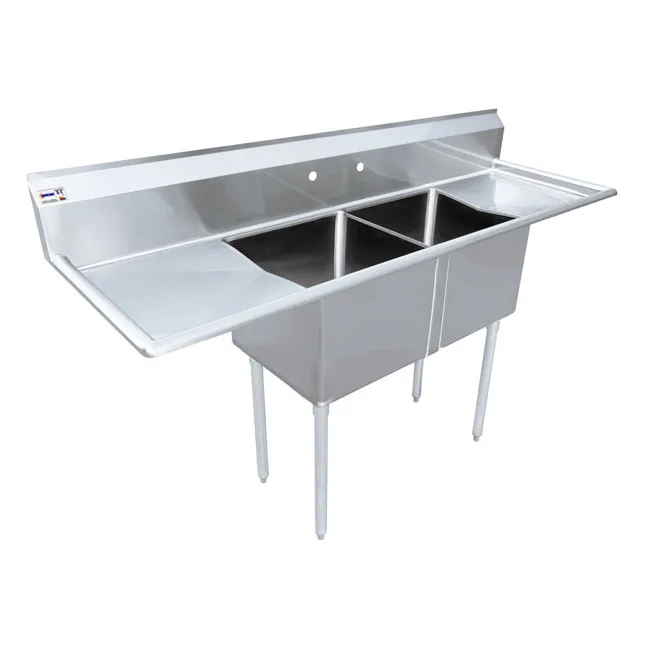 96″ x 29 1/2″ x 44″ Overall (24″ x 24″ x 14″ Tub) 18-gauge stainless steel Two Tub Sink with 3.5″ Center Drain and Two Drainboards