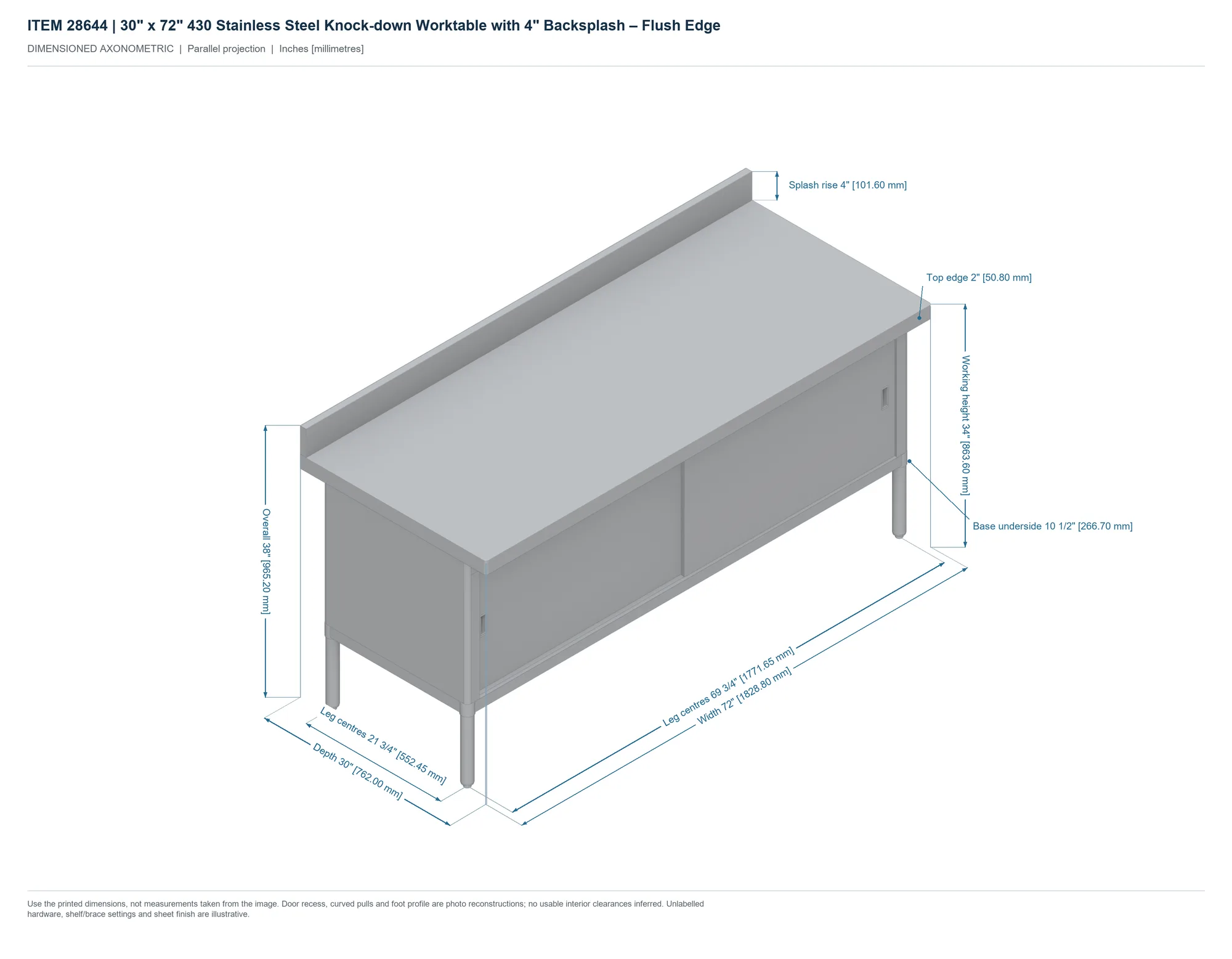 30″ x 72″ 430 Stainless Steel Knock-down Worktable with 4″ Backsplash – Flush Edge