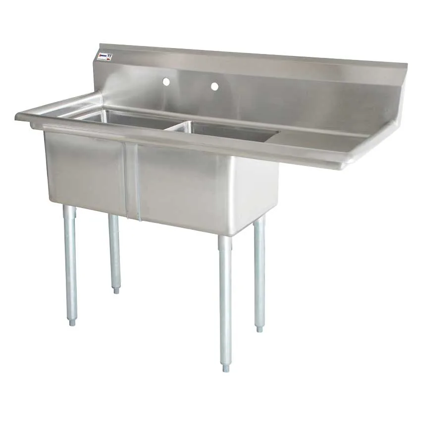 56 1/2″ x 26 1/2″ x 44″ Overall (18″ x 21″ x 14″ Tub) 18-gauge stainless steel Two Tub Sink with 3.5″ Center Drain and Right Drainboard