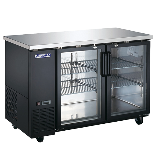 Aurora 61″ Black Back Bar Cooler, 2 Glass Doors, 16 cu.ft. (446L) Capacity with Stainless Steel Countertop – 110V, 460W