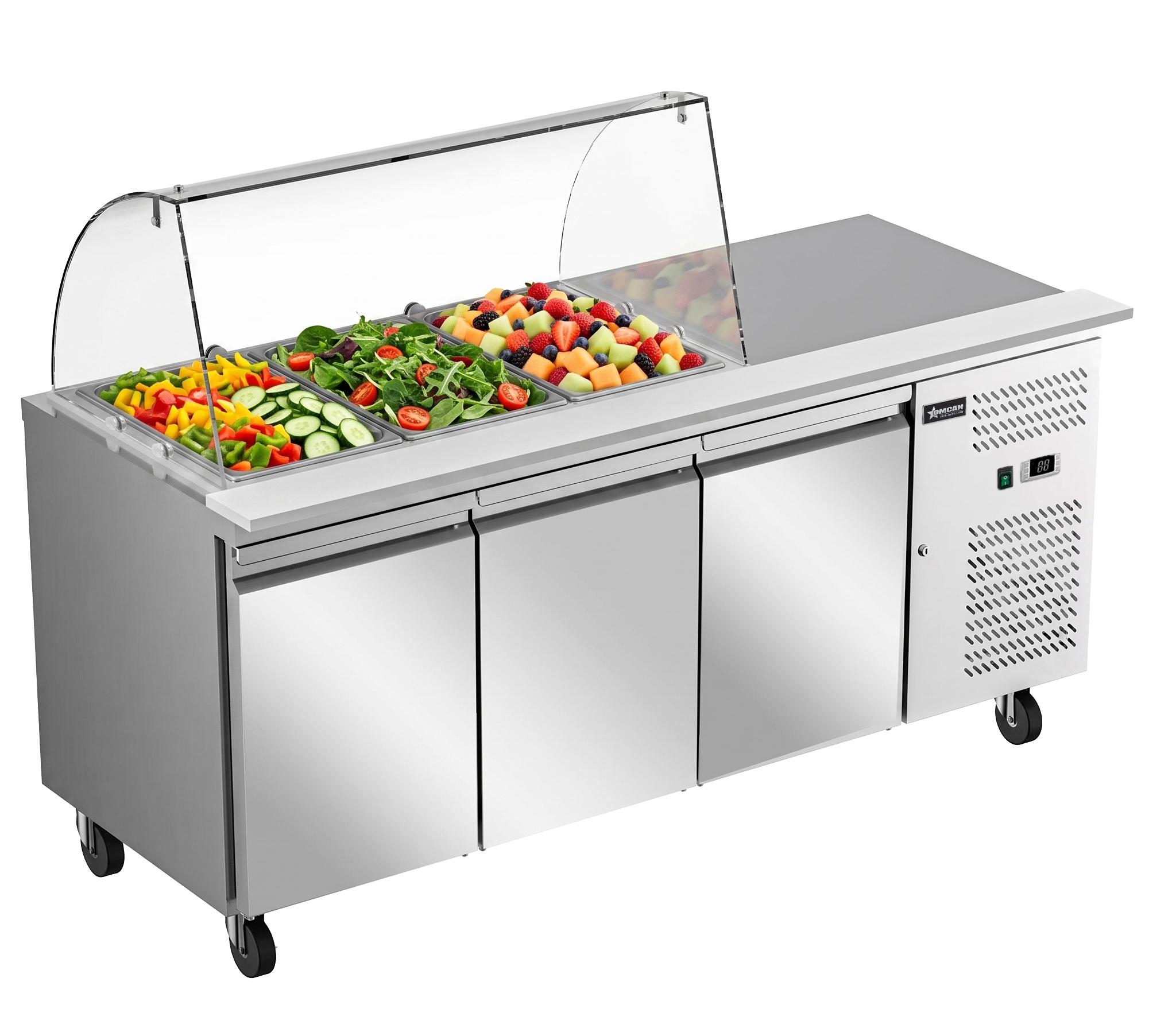 71” Refrigerated Salad Prep Table with 3 Doors and Curved Sneeze Guard - 110 V/60 Hz/1 Ph