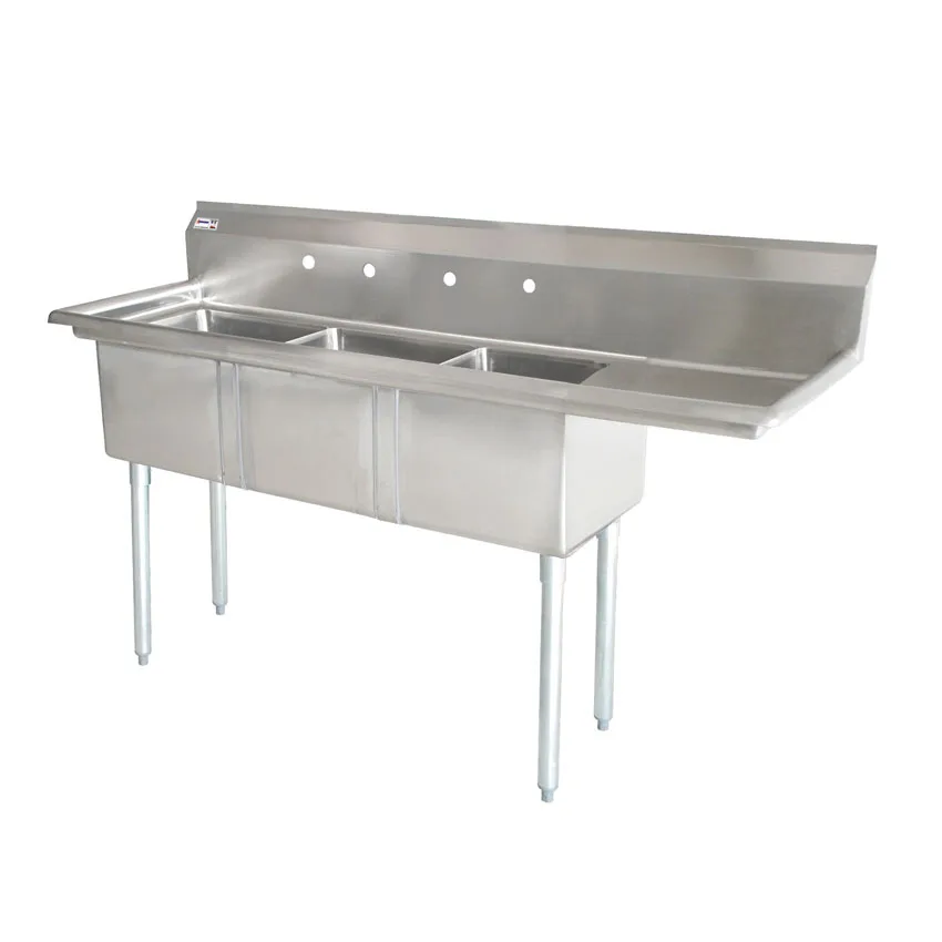 98 1/2″ x 29 1/2″ x 44″ Overall (24″ x 24″ x 14″ Tub) 18-gauge stainless steel Three Tub Sink with 1.8″ Corner Drain and Right Drainboard