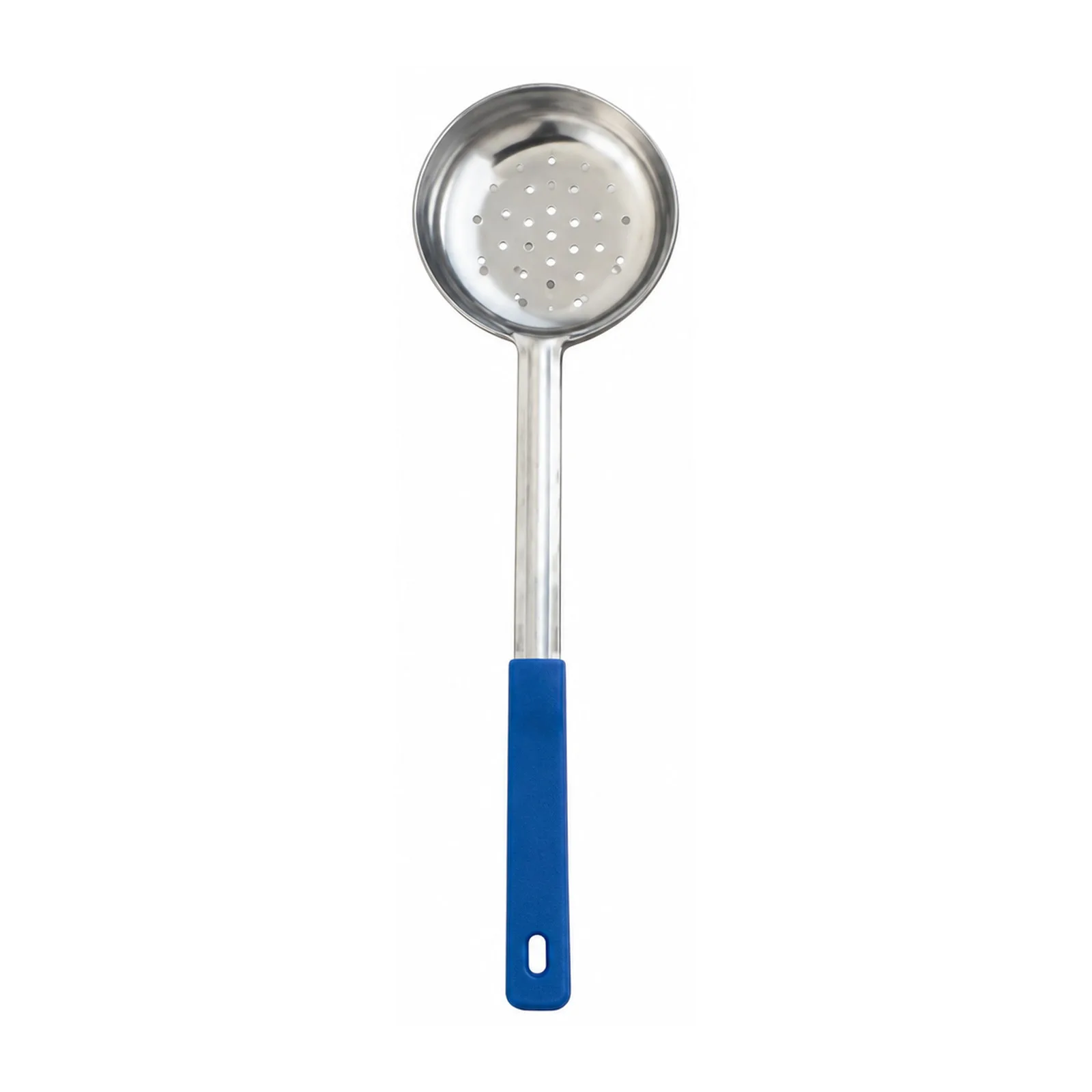 8 oz One-Piece Stainless Steel Perforated Portion Control Spoon with Blue Handle