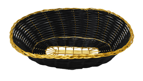 Long Oval Black Woven Basket with Golden Trim 9″ x 6.25″ x 2.25″