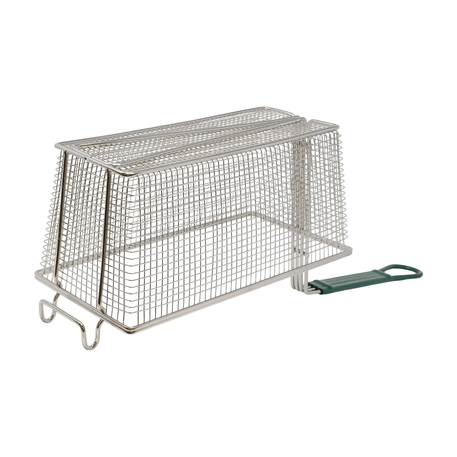 13 1/4″ x 6 1/2″ x 6″ Nickel-Plated Iron Fryer Basket with Green Handle