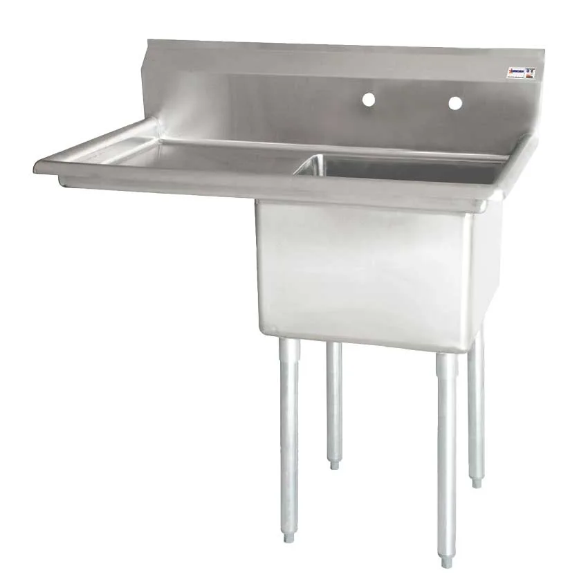 50 1/2″ x 29 1/2″ x 44″ Overall (24″ x 24″ x 14″ Tub) 18-gauge stainless steel One Tub Sink with 1.8″ Corner Drain and Left Drainboard