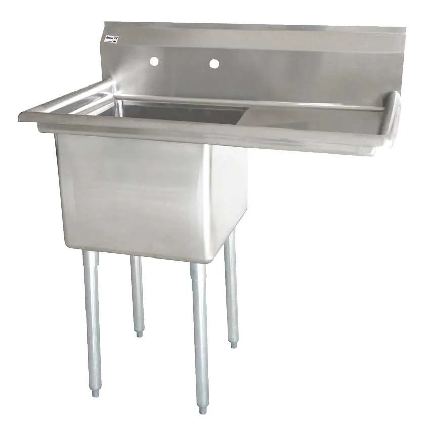 38 1/2″ x 23 1/2″ x 44″ Overall (18″ x 18″ x 11″ Tub) 18-Gauge Stainless Steel One Tub Sink with 1.8″ Corner Drain and Right Drainboard