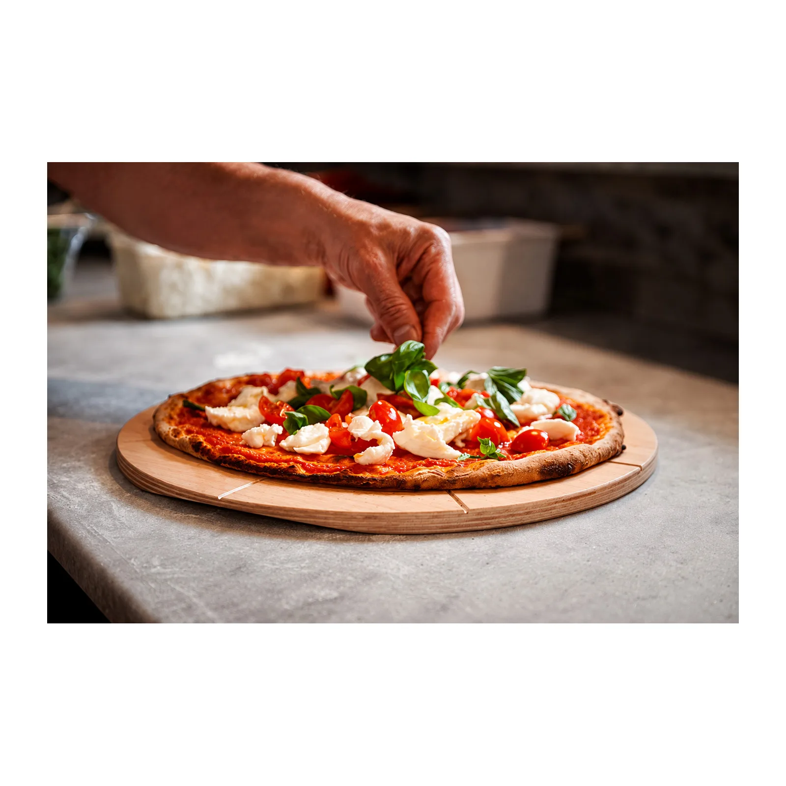 Linea Dori 20″ x 20″ Beech Wood Round Pizza Cutting Board, 8 Carved Slices, 0.5″ Thick