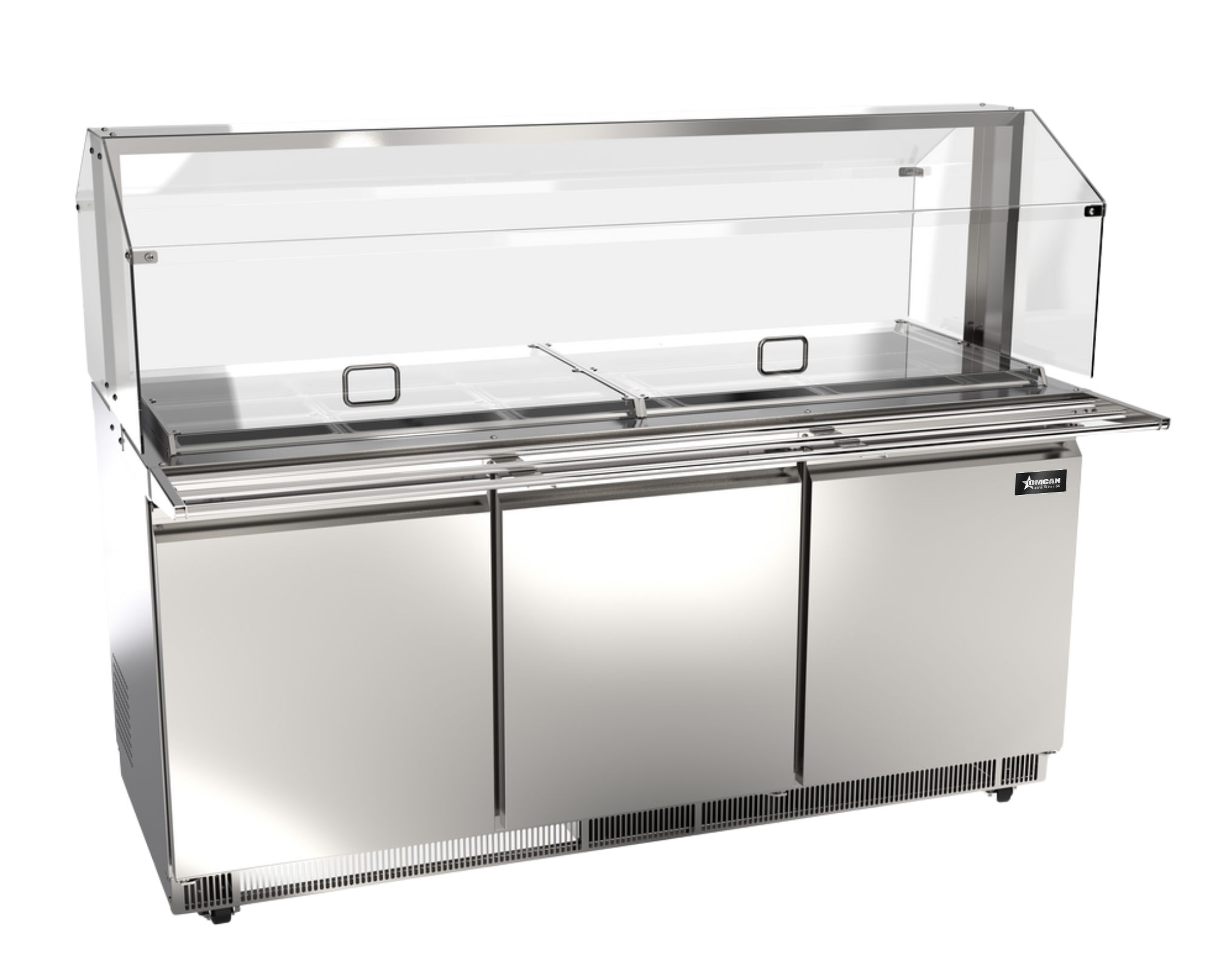 72″ Stainless Steel Refrigerated Salad Bar / Cold Food Table with Sneeze Guard, Tray Slide and Pan Covers