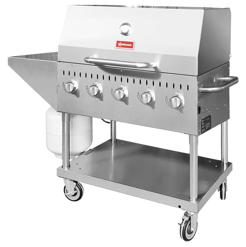 36″ Propane Outdoor BBQ Grill with 5 Burners, Top and Side Shelf and Roll Dome, 80000 BTU