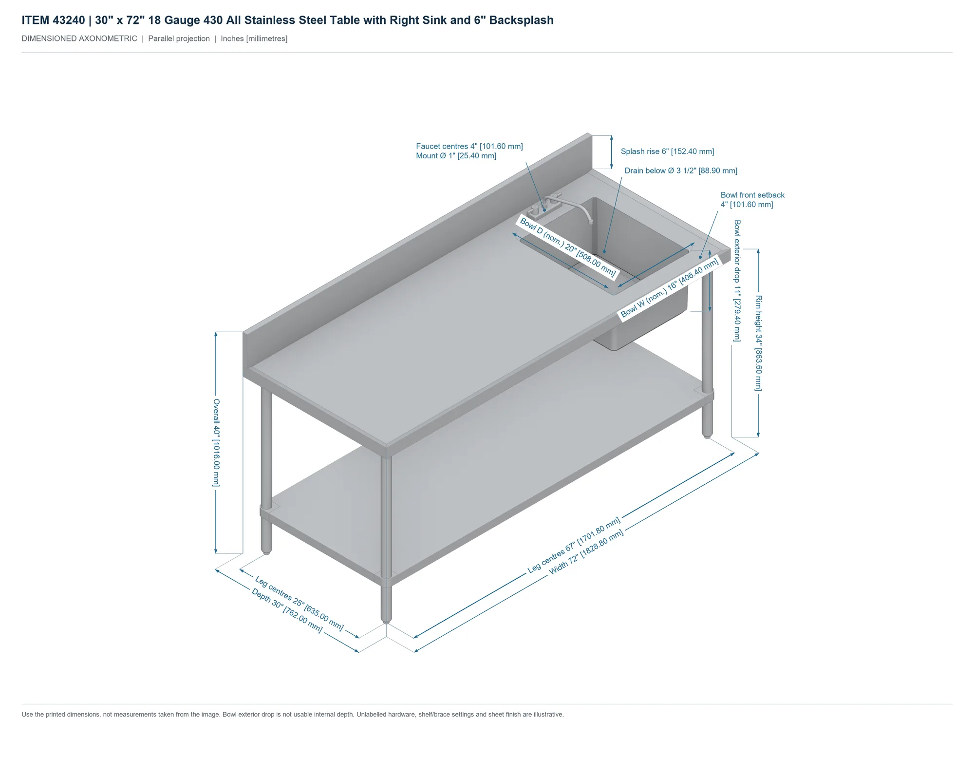 30″ x 72″ 18 Gauge 430 All Stainless Steel Table with Right Sink and 6″ Backsplash