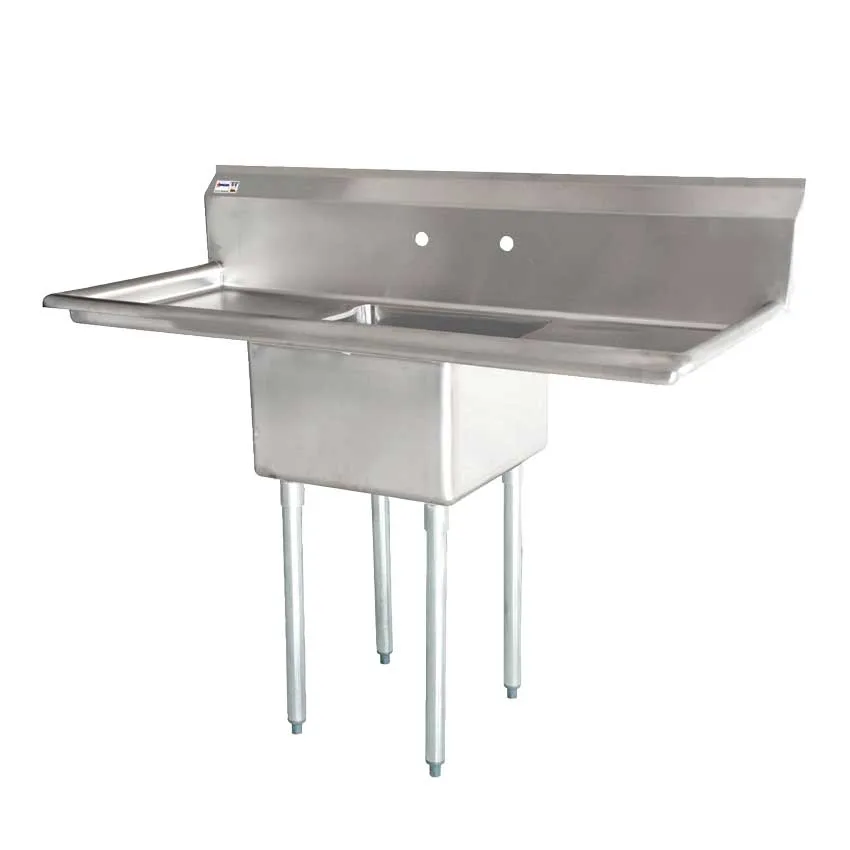 72″ x 29 1/2″ x 44″ Overall (24″ x 24″ x 14″ Tub) 18-gauge stainless steel One Tub Sink with 1.8″ Corner Drain and Two Drainboards