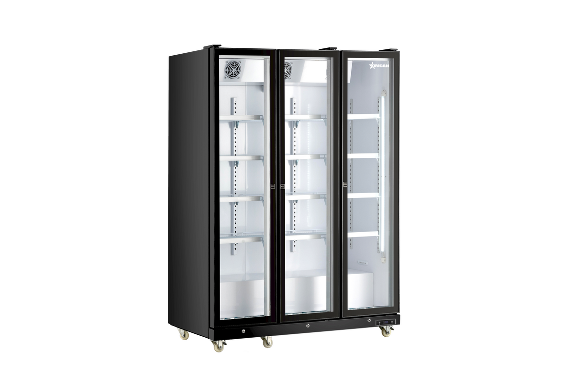 60” Refrigerator Black Glass 3 Door Merchandiser with LED Light, 1200 L (42.4 cu.ft.), 115V/60Hz/1Ph