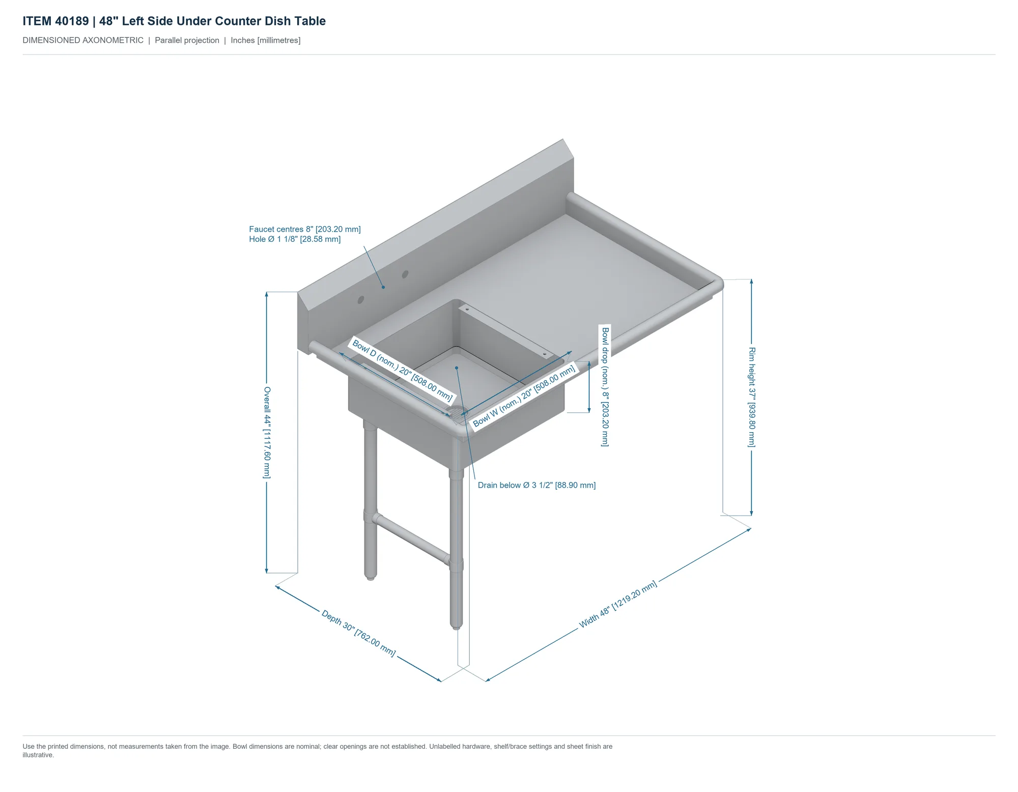 48″ Left Side Under Counter Dish Table