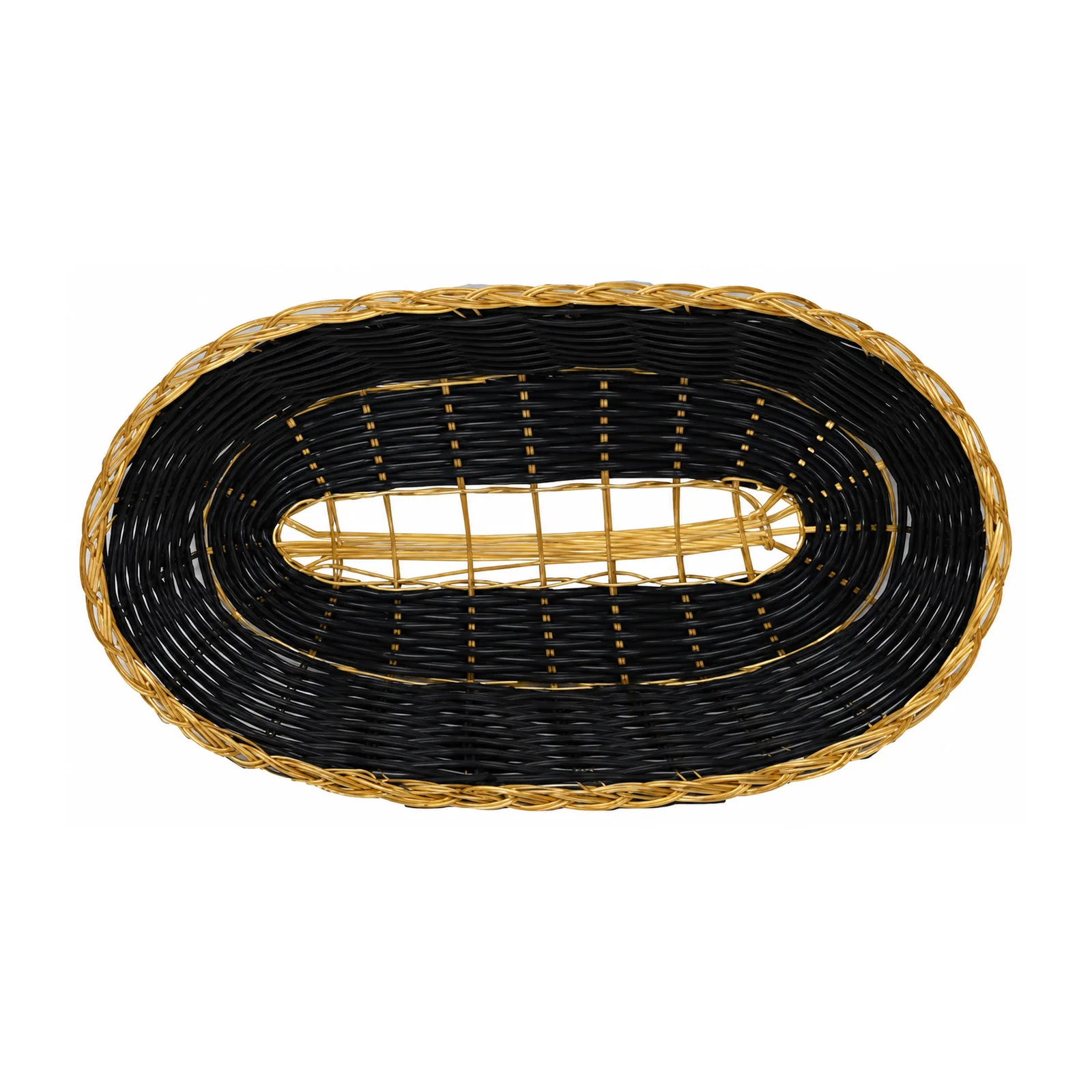Long Oval Black Woven Basket with Golden Trim 9″ x 4.25″ x 2″