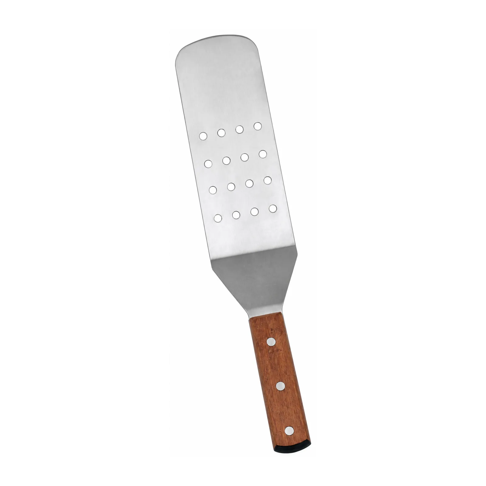 Satin Stainless Steel Flexible Kitchen Turner with 7 1/2″ x 2 7/8″ Perforated blade and Short Wooden Handle