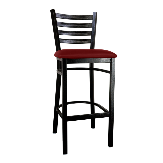 Metal Ladder Back Bar Height Chair with Black Finish and Burgundy Vinyl Seat