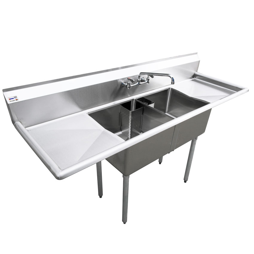 18″ x 18″ x 11″ Two Tub Sink with 1.8″ Corner Drain and Two Drain Boards