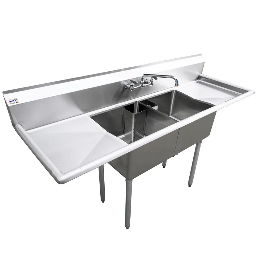 72″ x 23 1/2″ x 44″ Overall (18″ x 18″ x 11″ Tub) 18-gauge stainless steel Two Tub Sink with 1.8″ Corner Drain and Two Drainboards