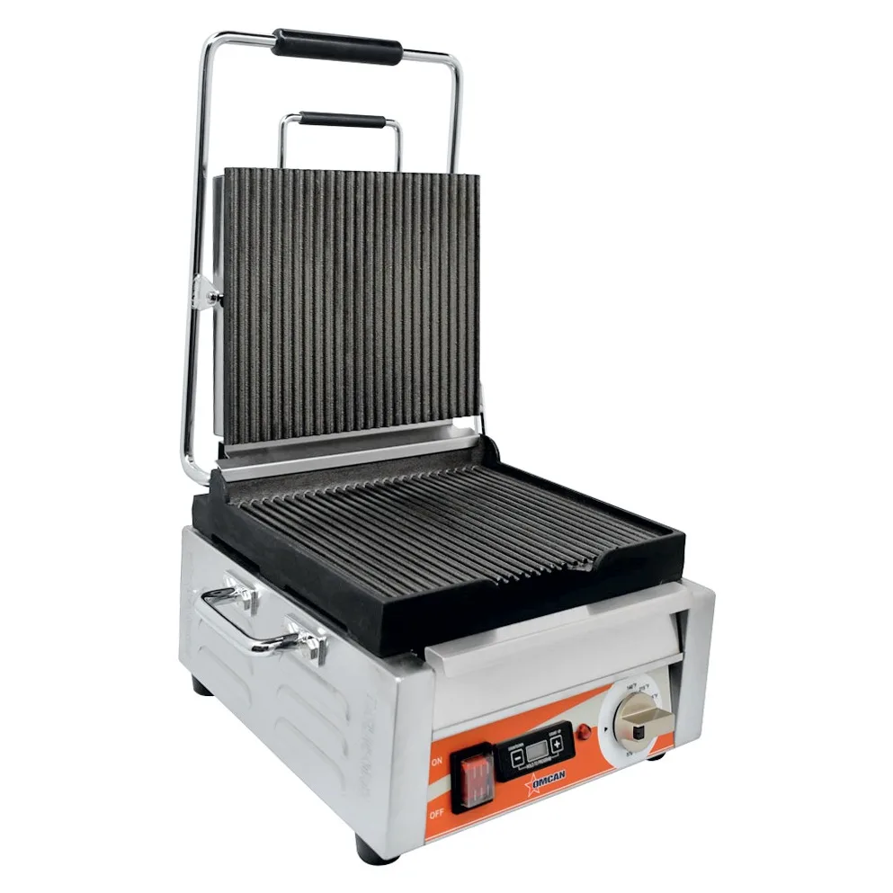 Single Panini Grill with Grooved Plates and Timer – 10″ x 11″ Cooking Surface – 120 V, 1800 W