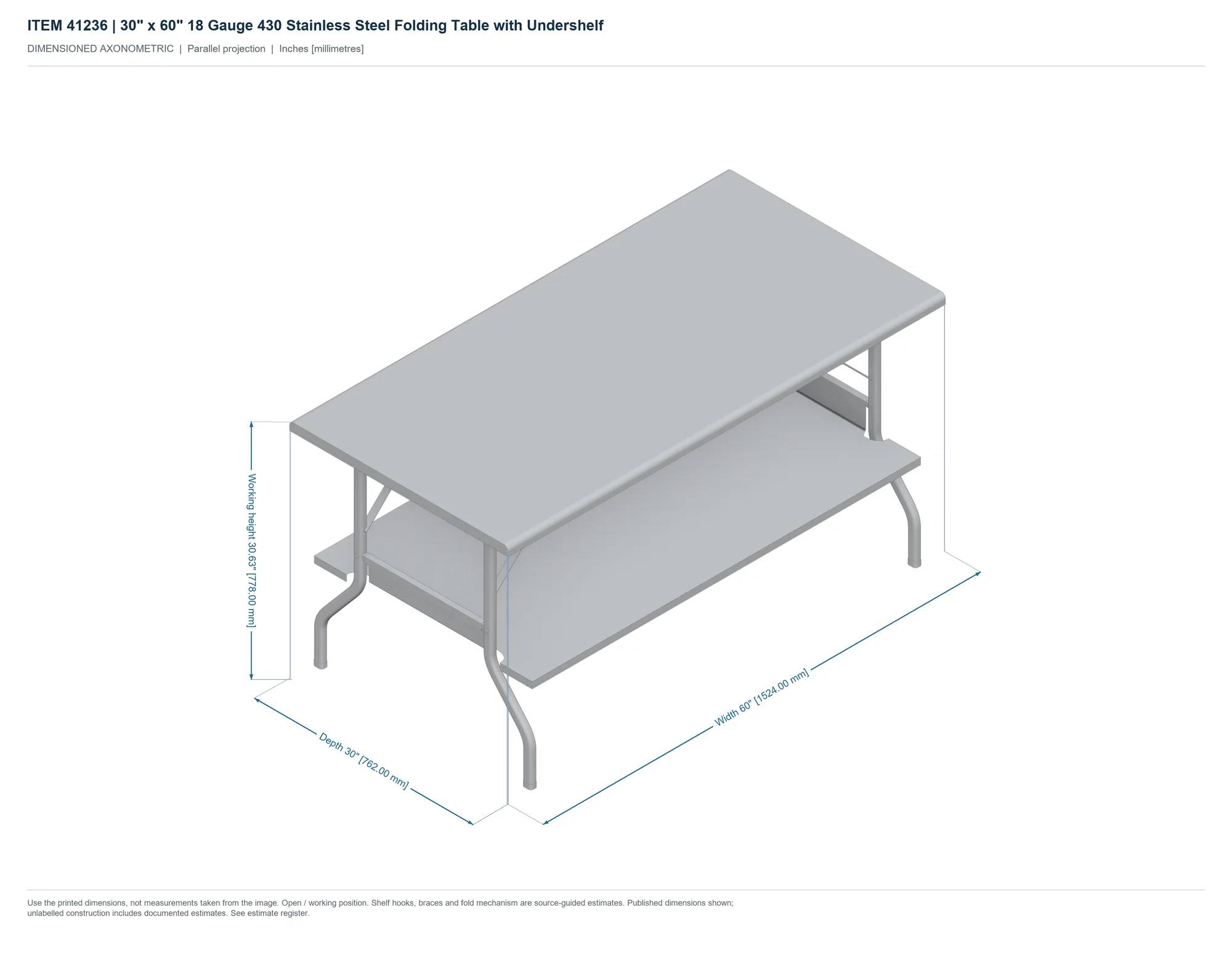 30″ x 60″ 18 Gauge 430 Stainless Steel Folding Table with Undershelf
