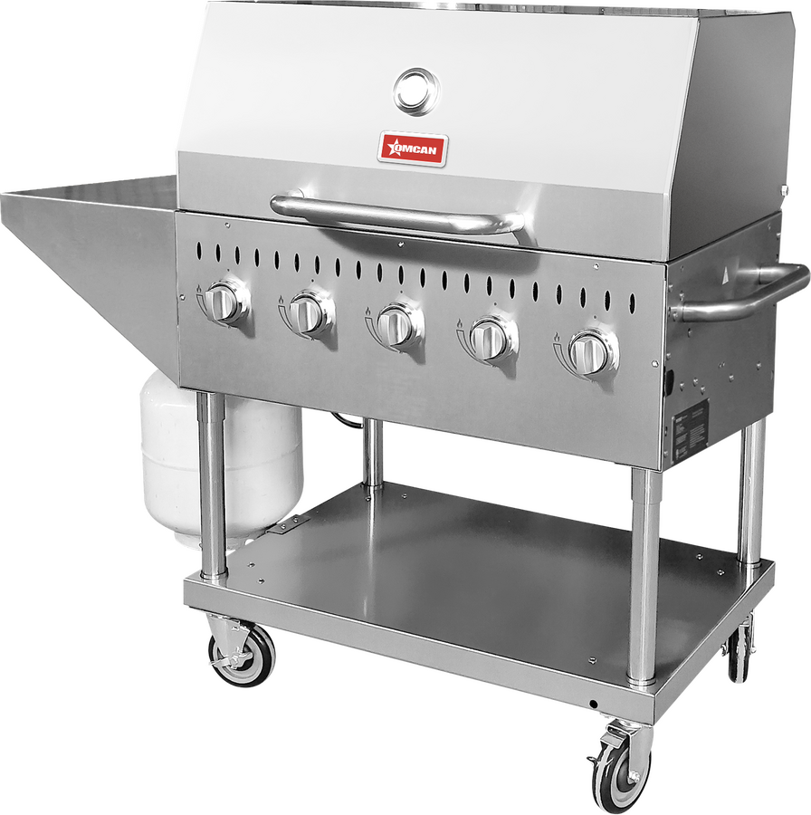 Stainless Steel Propane Outdoor BBQ Grill with 5 Burners, Top and Side Shelf and Roll Dome, 80000 BTU