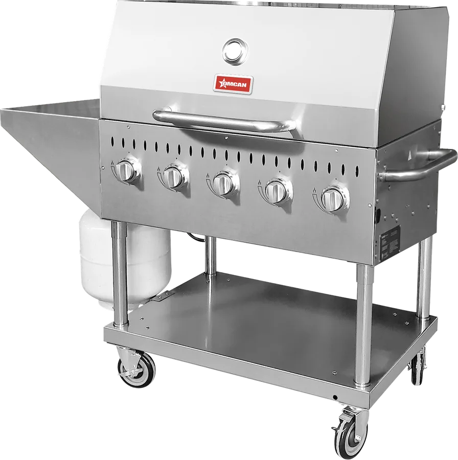 36″ Propane Outdoor BBQ Grill with 5 Burners, Top and Side Shelf and Roll Dome, 80000 BTU