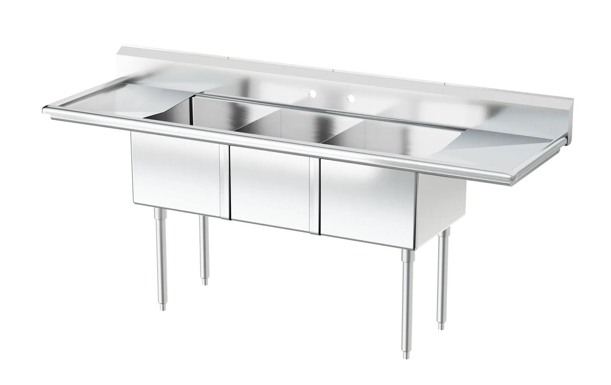 90″ x 26 1/2″ x 44″ Overall (18″ x 21″ x 14″ Tub) 18-gauge stainless steel Three Tub Sink with 1.8″ Corner Drain and Two Drainboards
