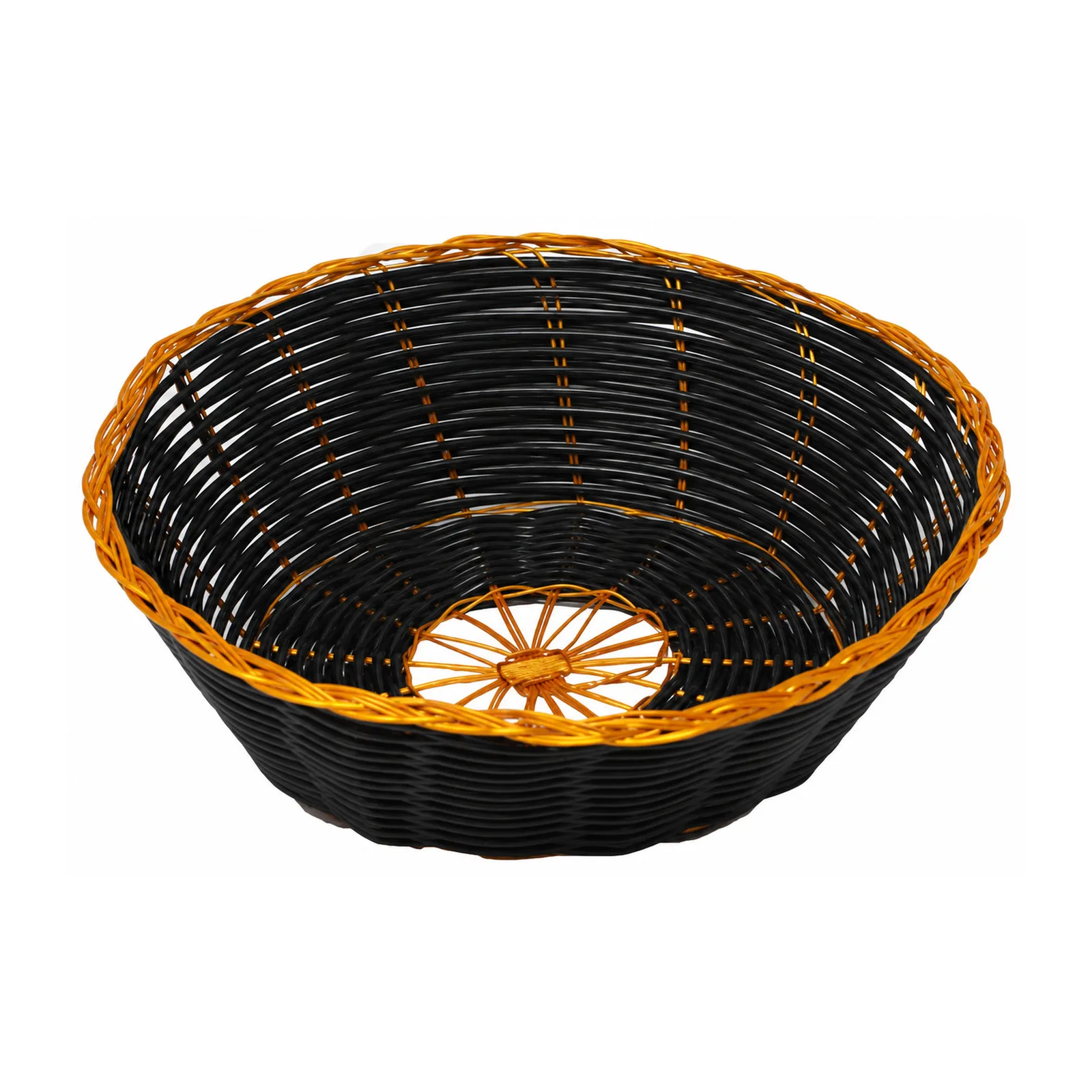 Round Black Woven Basket with Golden Trim 8.25″ x 2.25″