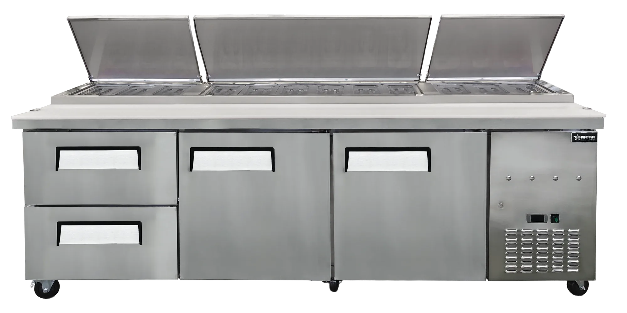 94″ Two (2) Door Refrigerated Pizza Prep Table with Drawers, 32 cu. ft. (906 L), Stainless Steel