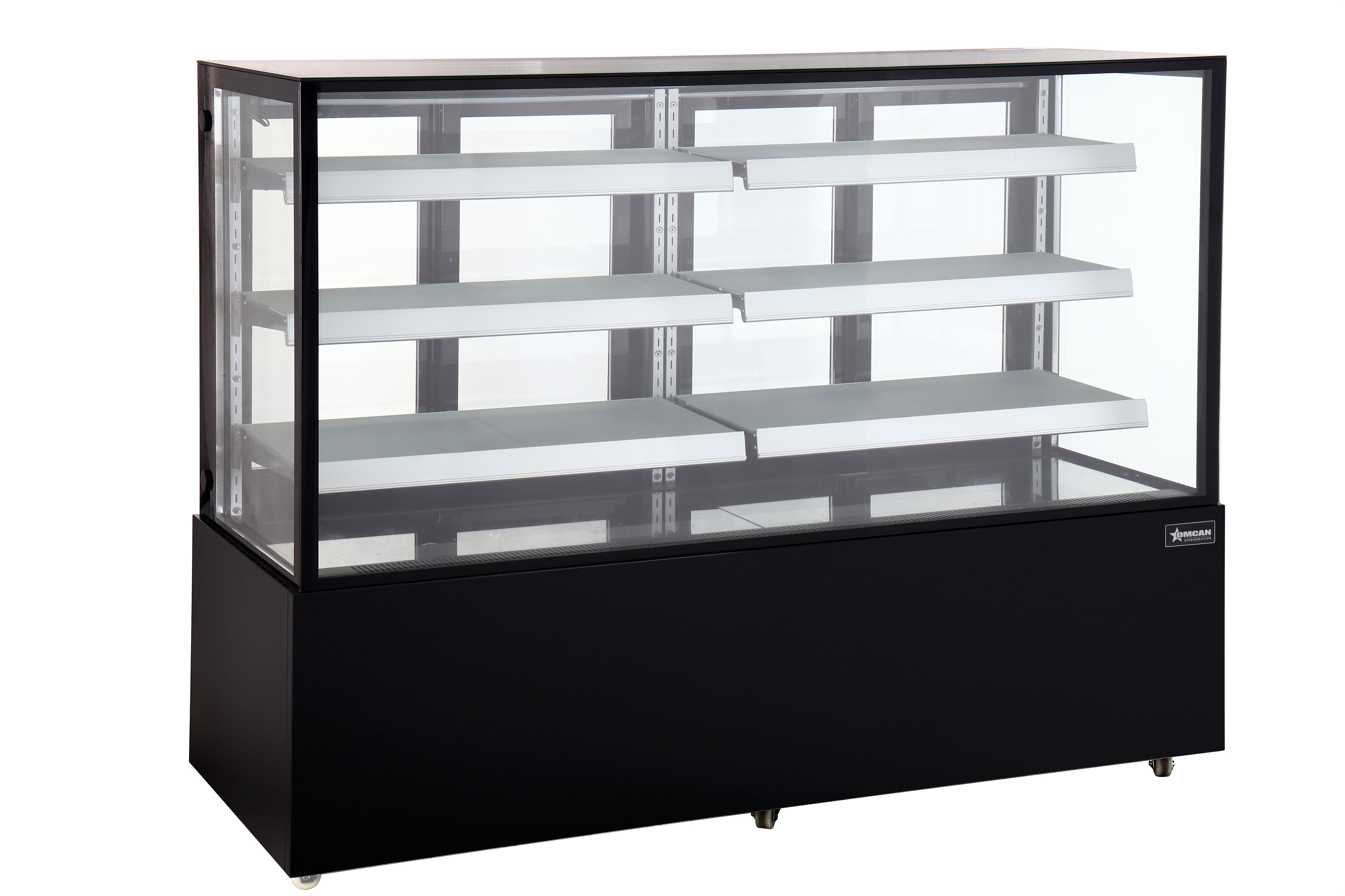 72″ Three (3) Shelf Square Glass Floor Refrigerated Display Case, 28.61 cu.ft. (810 Liter), Stainless Steel, Black