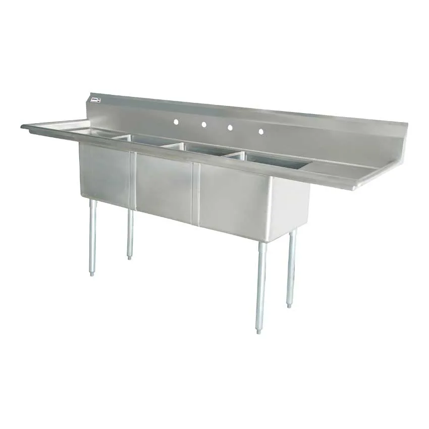 120″ x 29 1/2″ x 44″ Overall (24″ x 24″ x 14″ Tub) 18-gauge stainless steel Three Tub Sink with 3.5″ Center Drain and Two Drainboards