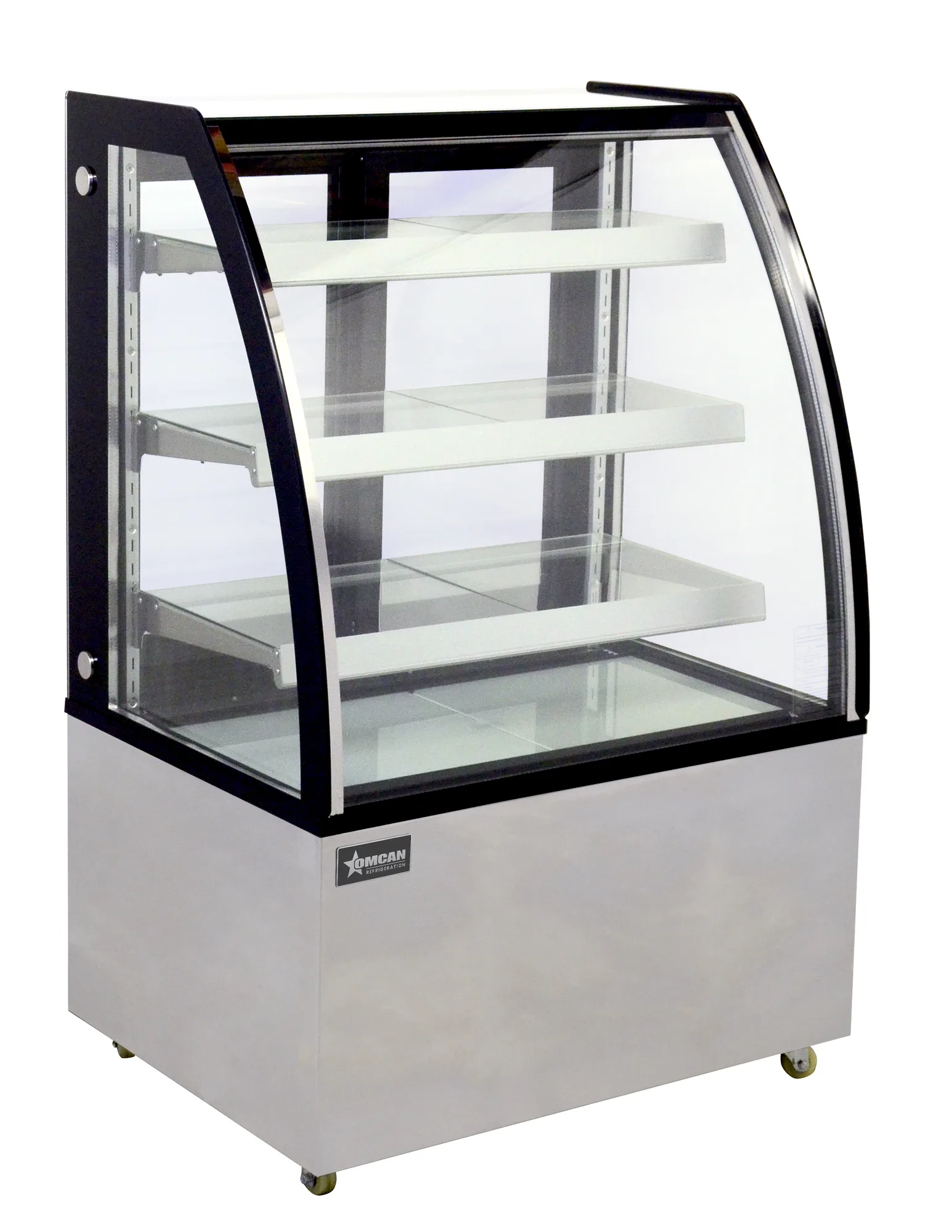36″ Three (3) Shelf Curved Glass Floor Refrigerated Showcase, 10.95 cu. ft. (310 L), Stainless Steel
