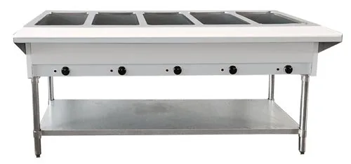5 Pan Open Well Natural Gas Steam Table with Cutting Board and Undershelf