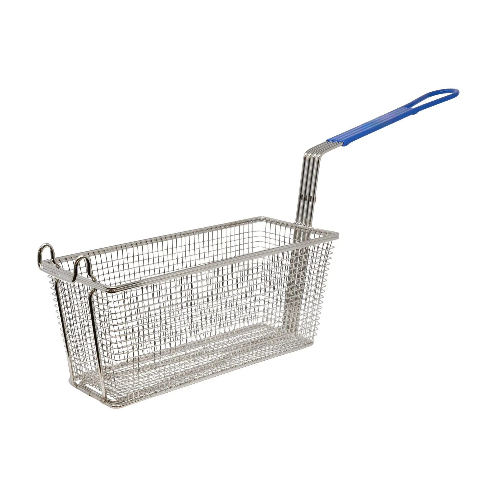 13 1/2″ x 5 1/2″ x 5 1/2″ Nickel-Plated Iron Fryer Basket with Blue Handle