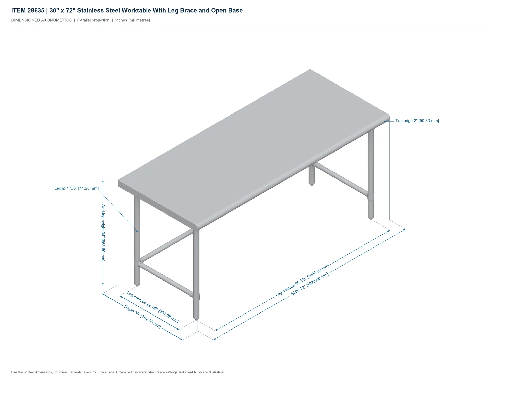 30″ x 72″ Stainless Steel Worktable With Leg Brace and Open Base