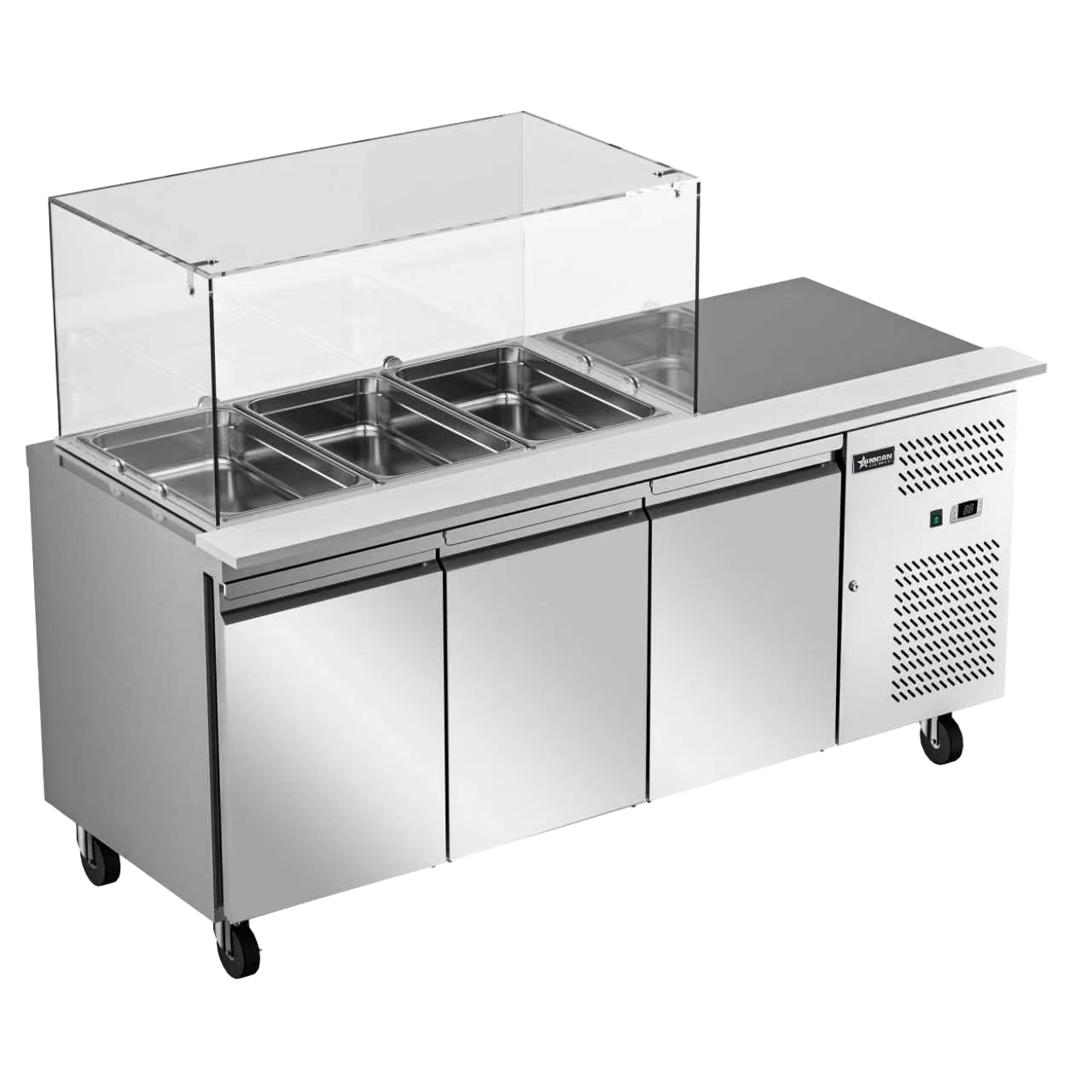 71” Refrigerated Salad Prep Table with 3 Doors and Square Sneeze Guard - 110 V/60 Hz/1 Ph