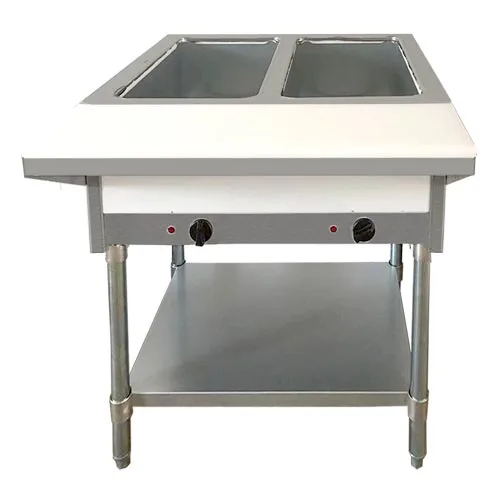 2 Pan Open Well Natural Gas Steam Table with Cutting Board and Undershelf