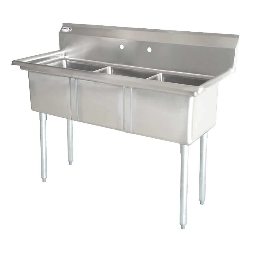 59″ x 26 1/2″ x 44″ Overall (18″ x 21″ x 14″ Tub) 18-gauge stainless steel Three Tub Sink with 3.5″ Center Drain Without Drainboard