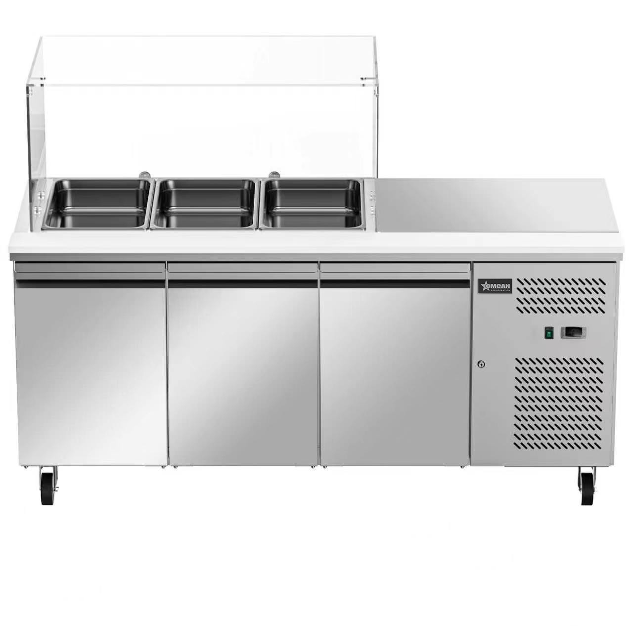 71” Refrigerated Salad Prep Table with 3 Doors and Square Sneeze Guard - 110 V/60 Hz/1 Ph