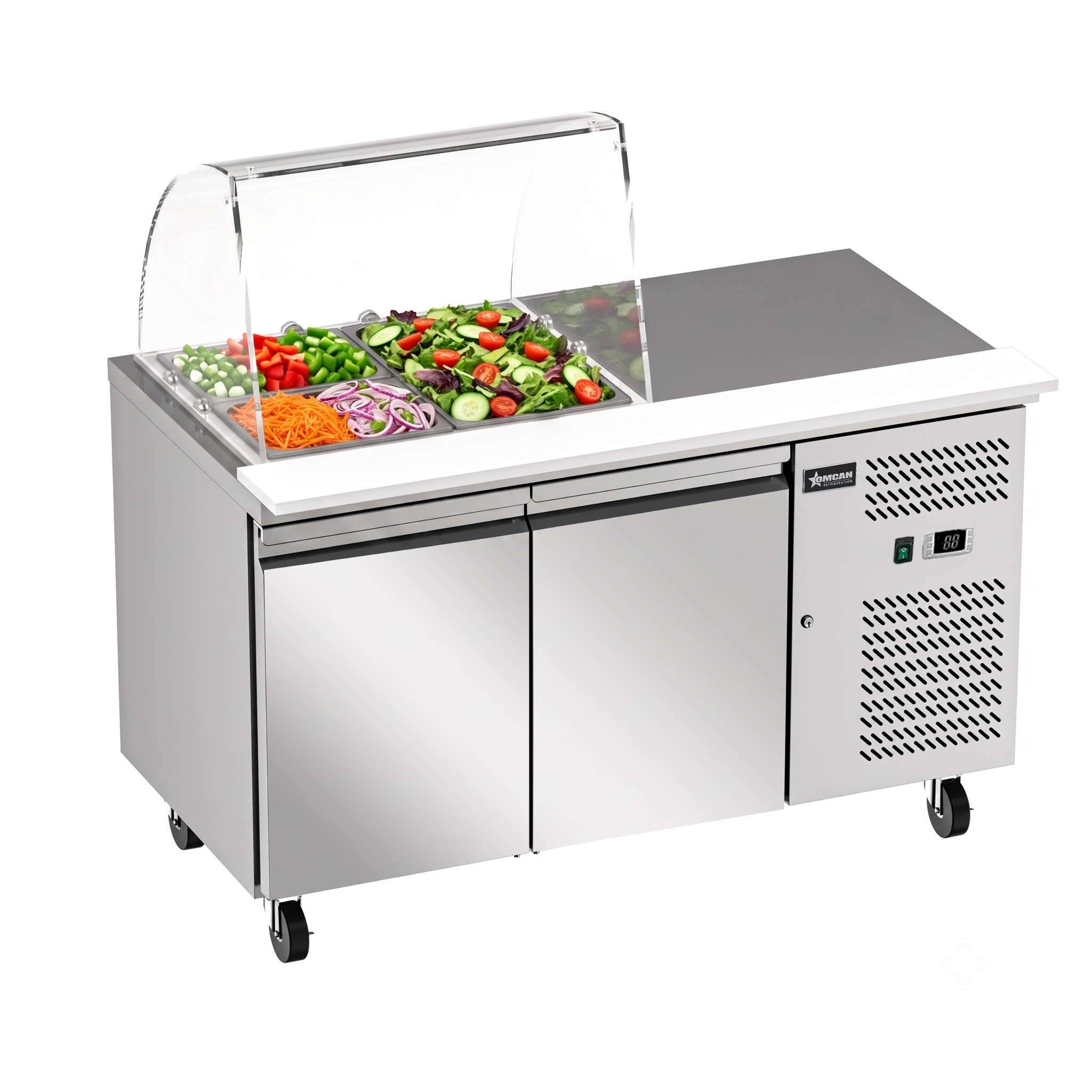 54” Refrigerated Salad Prep Table with 2 Doors and Curved Sneeze Guard - 110 V/60 Hz/1 Ph