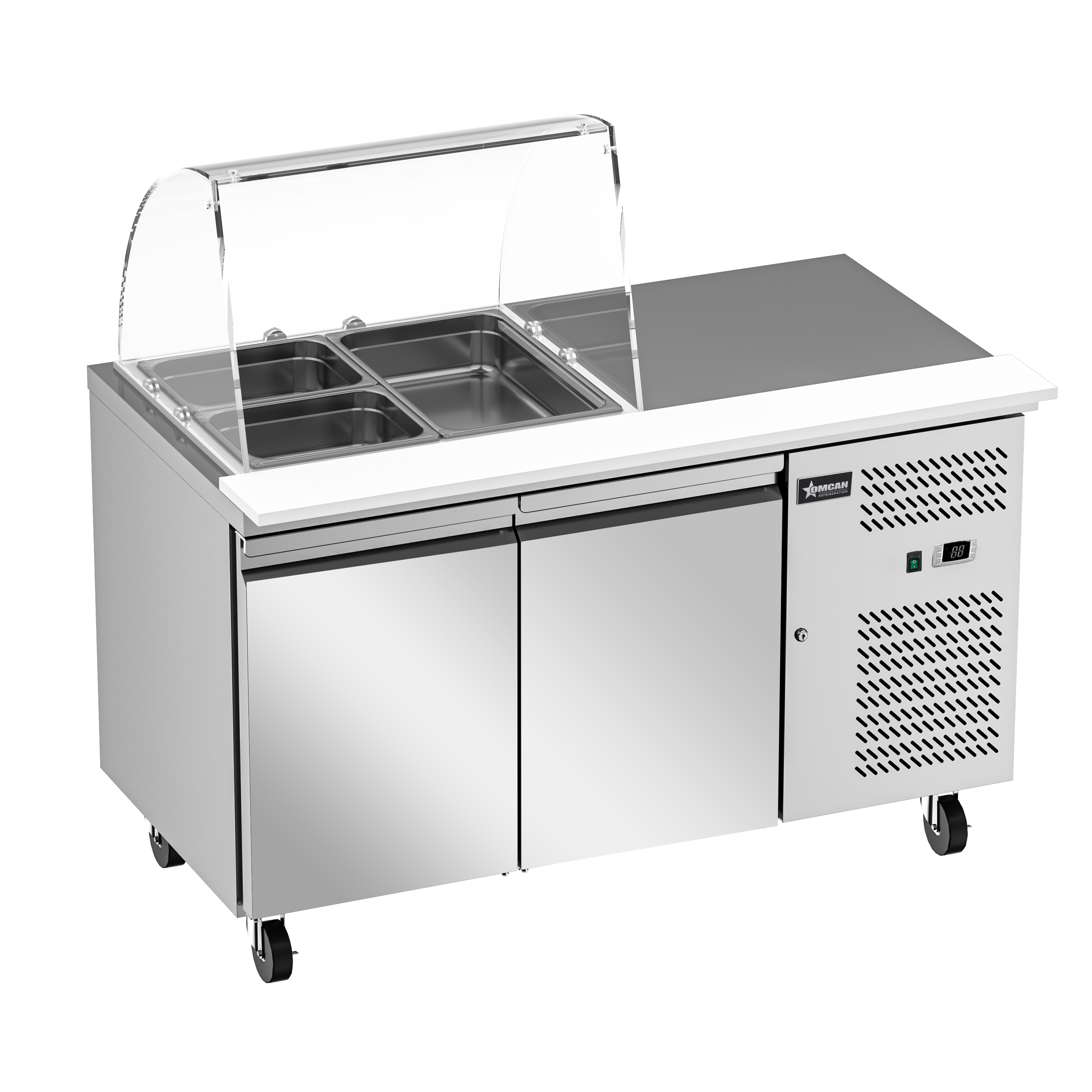 54” Refrigerated Salad Prep Table with 2 Doors and Curved Sneeze Guard - 110 V/60 Hz/1 Ph