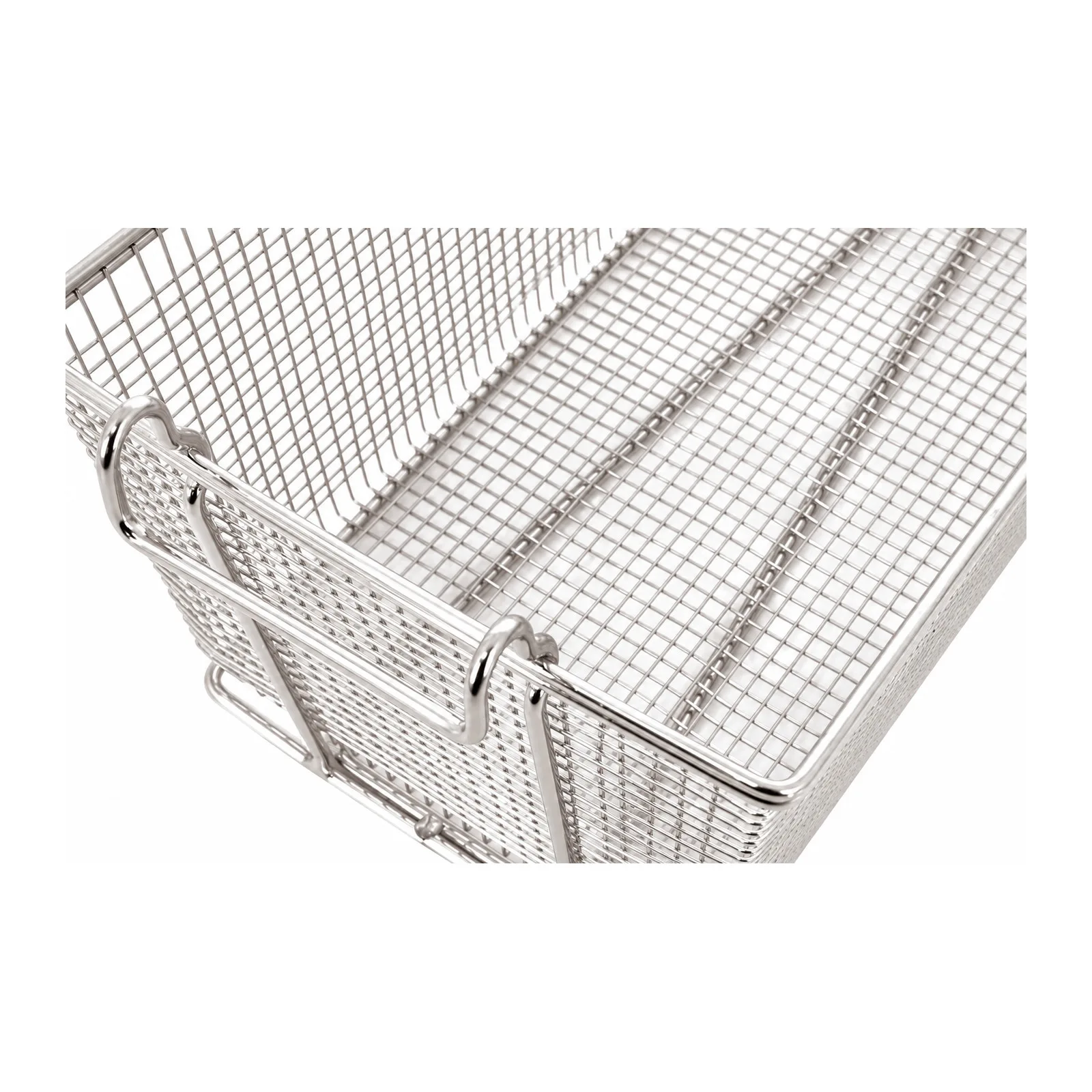 13 1/2″ x 5 1/2″ x 5 1/2″ Nickel-Plated Iron Fryer Basket with Blue Handle
