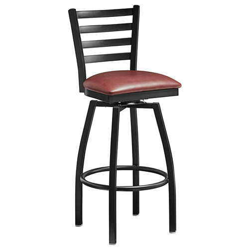 Bar Height Metal Ladder Back Swivel Chair with Burgundy Color Vinyl Seat