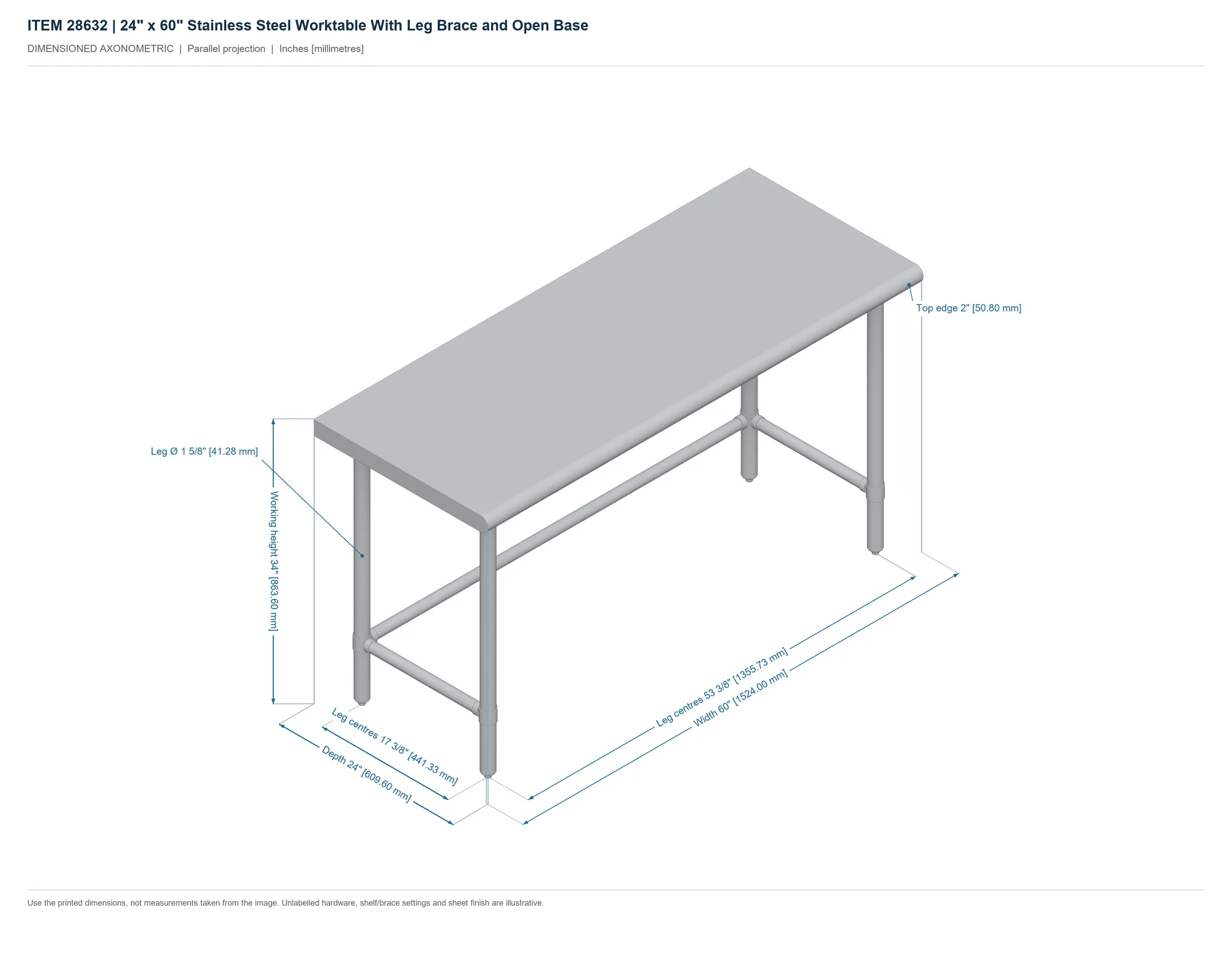 24″ x 60″ Stainless Steel Worktable With Leg Brace and Open Base