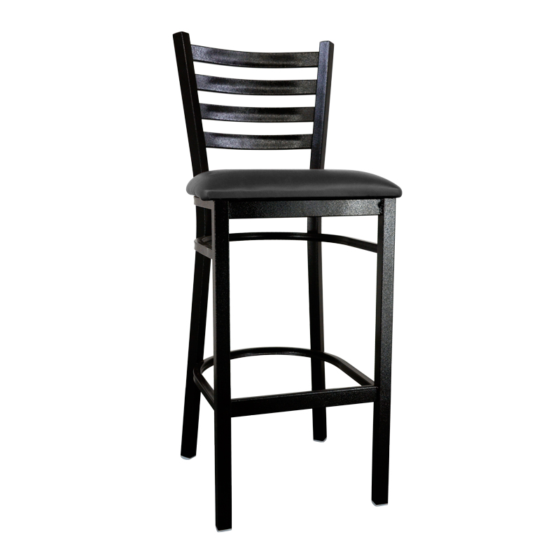 Metal Ladder Back Bar Height Chair with Black Finish and Black Vinyl Seat